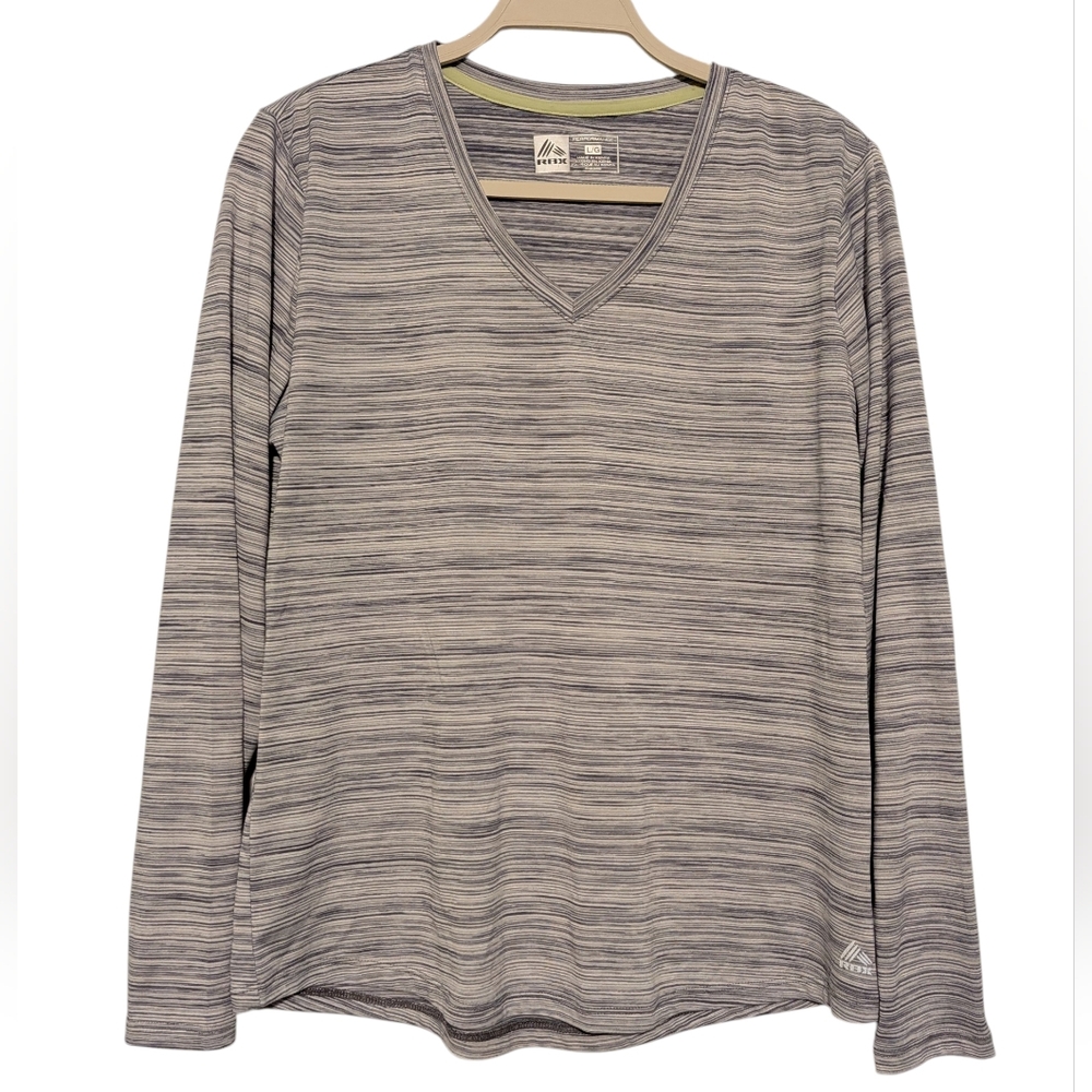 RBX Women's Long Sleeve V-Neck Striped Athletic Tee - Gray